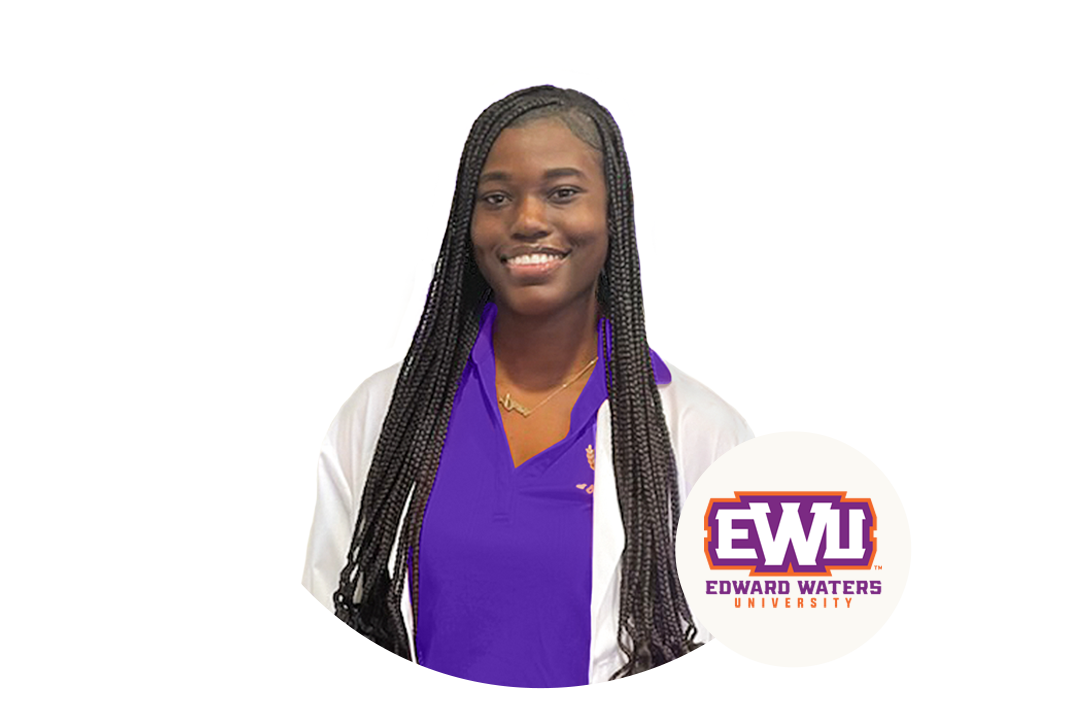Black nursing student with logo for Edward Waters University