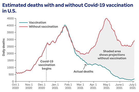 Graph showing estimated deaths form COVID-19 with and without vaccination intervention.