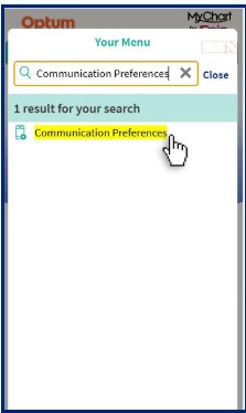 MyChart menu screen - search communication preferences