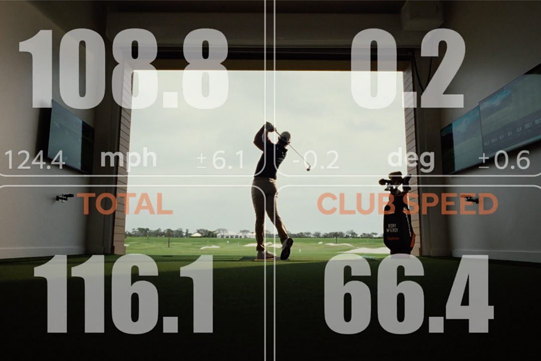 Rory McIlroy swinging a golf club with club speed and miles per hour statistics