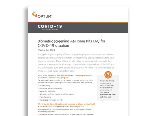 Sell sheet titled 'Biometric screening At-Home Kits FAQ for COVID-19 situation'